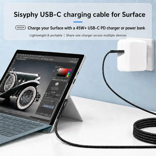 Vista 2 de Sisyphy Surface Connect to USB C Cable de carga trenzado de nailon de 6 pies, compatible con Microsoft Surface Pro 11/10/7/6/5/4/3 Go3/2/1