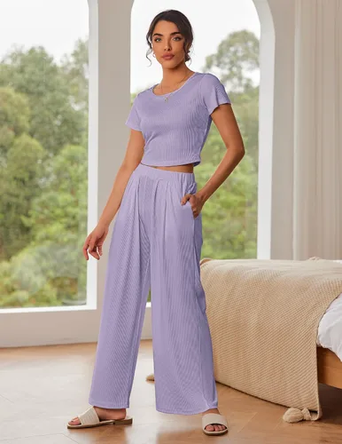 Vista 2 de Ekouaer Conjunto de pijama de 2 piezas para mujer, de manga corta, de punto acanalado, pantalones de pierna ancha, tallas S-XXL