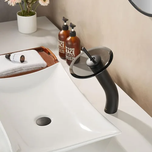 Vista 7 de Grifo de Baño de Cascada de Vidrio con Mango Único de Latón Macizo para Lavabo Lavatorio Vessel Sink Vanity, Alto, Negro