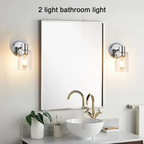 Vista 5 de Apliques de Pared de Baño de 2 Luces con Cristal Transparente, Luces de Pared de Baño Sobre Espejo, Luces de Tocador Cromadas con Base E26
