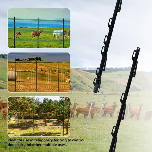 Vista 5 de Step-in Fence Posts 42 Pack, 66.6 Inch Plastic Post with Double Steel Stake, 18 Clips for Electric Wire Tape Rope, Black, Temporary Fencing