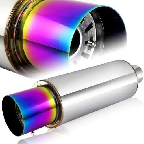 Vista 2 de Silenciador universal de acero inoxidable T-304 de 4 pulgadas, estilo N1, con punta quemada de titanio, arco iris, entrada de 2.5 pulgadas +