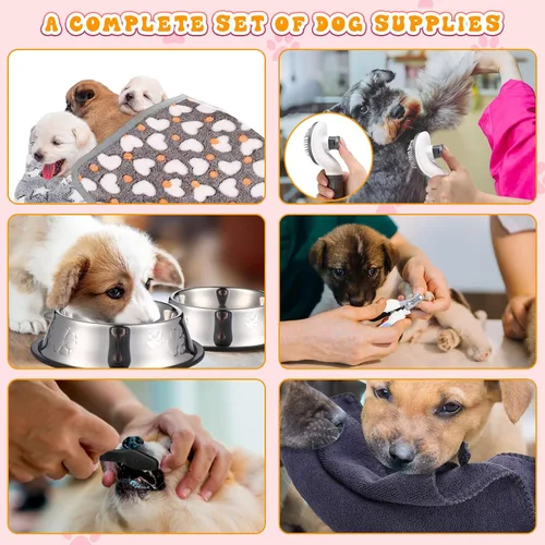 Vista 5 de Abbylike Kit de inicio de 50 piezas de suministros para cachorros para perros pequeños, incluye correa, cuencos, cepillos de dientes, botella