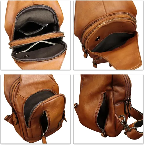 Vista 7 de IVTG Bolso bandolera de cuero genuino para hombres y mujeres, mochila vintage para el pecho, bolso cruzado para viajes y ciclismo, Marrón, Mediana