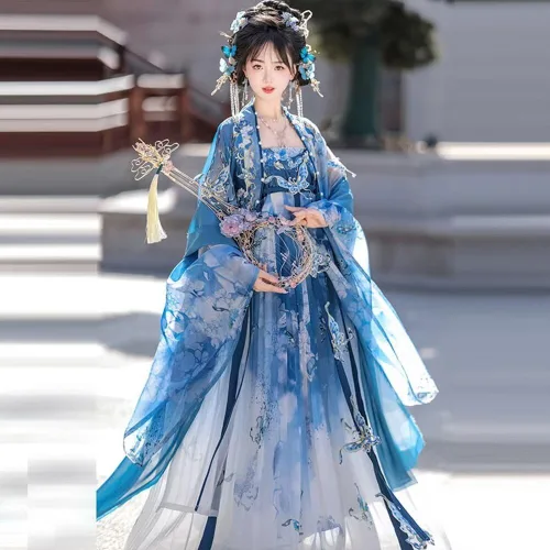Vista 4 de Vestido Hanfu para mujer, disfraz de Tang bordado Hezi, falda de rendimiento