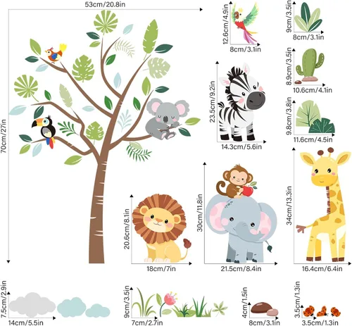 Vista 4 de Calcomanías de pared de animales de la selva, elefante, jirafa, león, cebra, calcomanías de pared para niños, dormitorio, sala de estar, guardería