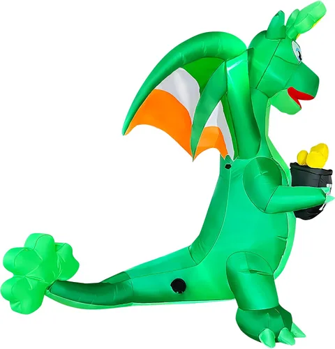 Vista 5 de SEASONBLOW Dragón inflable del día de San Patricio de 7 pies que sostiene una maceta de decoración dorada con cuerno de trébol irlandés LED inflable