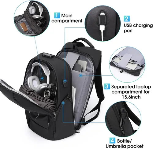 Vista 2 de Mochila de viaje BANGE, mochila antirrobo para laptop, compatible con portátiles de 15.6 pulgadas, Negro, Mediana, Computadora portátil
