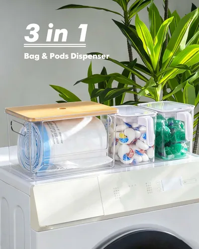 Vista 2 de iCASA Trash Bag Dispenser Organizer - Large 3 in 1 Garbage Bag Dispenser Holder Dishwasher Pods Container, Clear Under Kitchen Sink Organizer, 2pcs