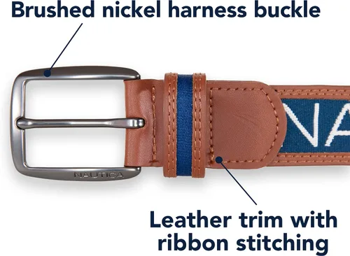 Vista 4 de Nautica Men's Signature Logo Ribbon with Leather Trim Belt
