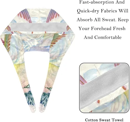 Vista 4 de Working Cap with Buttons Sweatband Ribbon Tie Back Bouffant Hats, Chinese Style Painting Bird Peony Floral