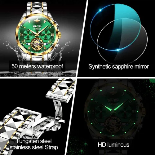 Vista 4 de OUPINKE Relojes automáticos para hombre, con esqueleto de diamante, cuerda automática, reloj de pulsera de lujo, cristal de zafiro, acero