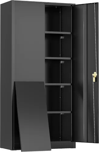 Vista 20 de Greenvelly Armario de almacenamiento de metal con cerradura, gabinete de almacenamiento cerrado negro de 72 pulgadas con 2 puertas y 4 estantes