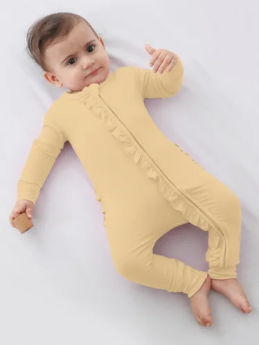Vista 4 de GUISBY Mameluco de bambú de manga larga para bebé, sin pies, cremallera de 2 vías con volantes, para dormir de 0 a 24 meses