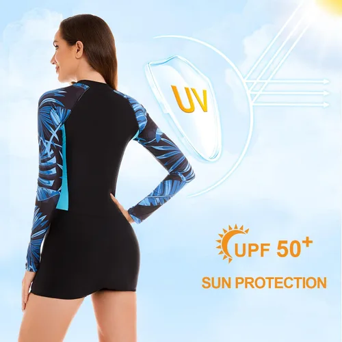 Vista 2 de NESY Traje de baño de una pieza de manga larga para mujer, traje de baño de protección contra erupciones, pantalones cortos UPF 50+, traje de baño