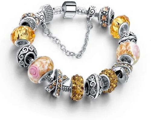 Vista 7 de Savlano Silver Tone Charm Bracelet with Crystal and Murano Glass Beads Snake Chain for Women Comes in a Gift Box