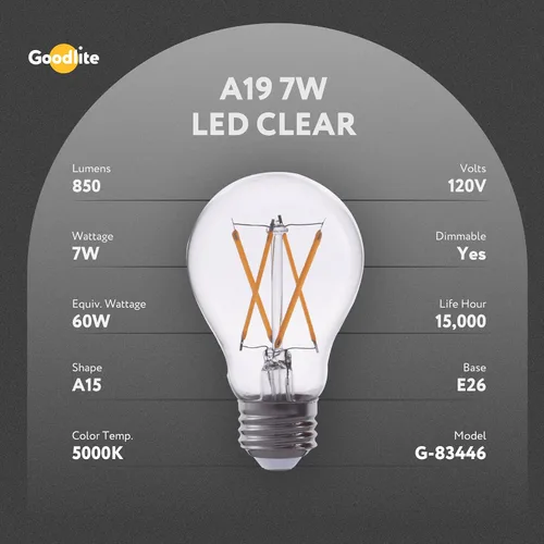 Vista 4 de Goodlite Bombilla LED G-83446 de 5000 K, 7 W, A19, 850 lúmenes, equivalente a 60 W, base E26, color blanco superregulable