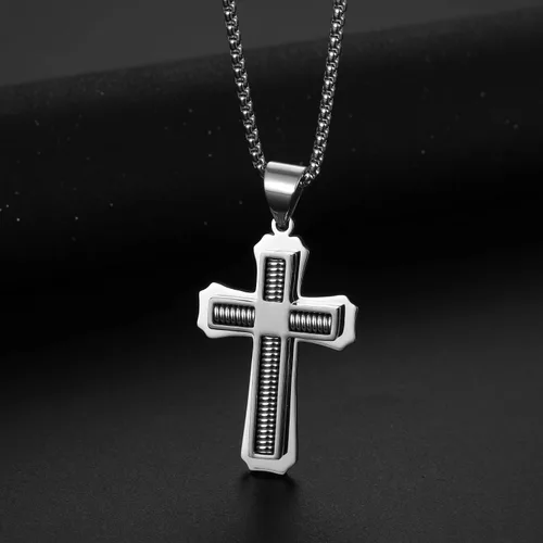 Vista 3 de Collar con colgante de cruz de Jesucristo grande de acero inoxidable para hombre con cadena bizantina de 22, 24, 26 pulgadas, negrodoradoplata