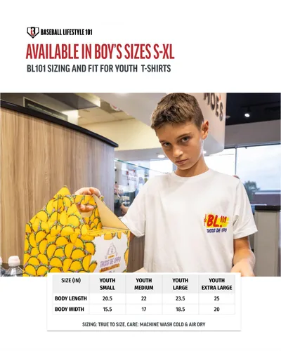 Vista 3 de Baseball Lifestyle 101 Taco - Camiseta juvenil para niños, color blanco, suave mezcla 60/40, transpirable, costuras laterales, tallas juveniles S-XL