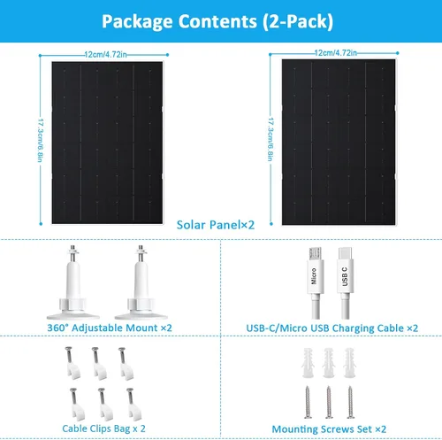 Vista 2 de Panel solar de 4 W para cámara de seguridad, cargador solar USB-C/micro USB para cámaras de batería recargable, IP66 impermeable, montaje ajustable
