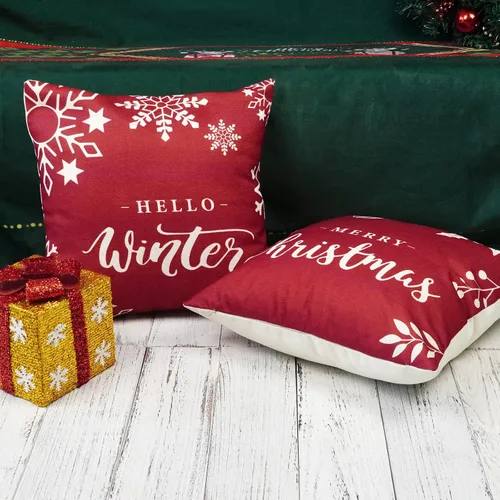 Vista 5 de ONWAY Juego de 2 fundas de almohada de Navidad de 18 x 18 pulgadas, decoraciones rojas de Feliz Navidad, copos de nieve de invierno para exteriores