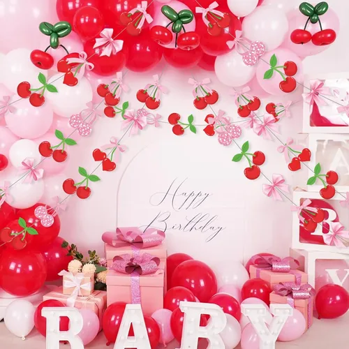 Vista 5 de Xinnun Decoraciones de Fiesta de Cerezas Pancartas Colgantes con Lazo Rosa Guirnalda Cerezas Decoraciones de Baby Shower Recortes Cintas Serpentinas
