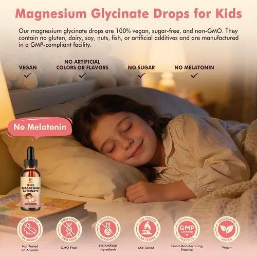Vista 6 de Gotas líquidas de glicinato de magnesio para niños mayores de 4 años, glicinato de magnesio 100/200 mg para dormir, relajación y apoyo a la calma
