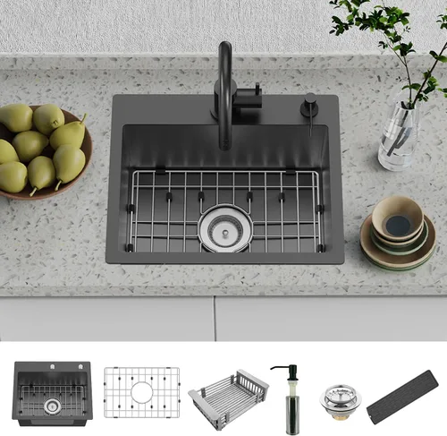 Vista 8 de Fregadero negro de cocina y bar, fregadero de cocina de acero inoxidable de 20 x 16 pulgadas, moderno fregadero de barra de montaje en la parte