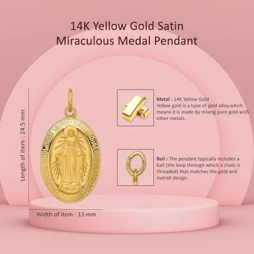 Vista 2 de Colgante de medalla milagrosa ovalada 3-D de oro amarillo de 14 quilates (L- 0.96 pulgadas, W- 0.51 pulgadas), Metal, No es una piedra preciosa