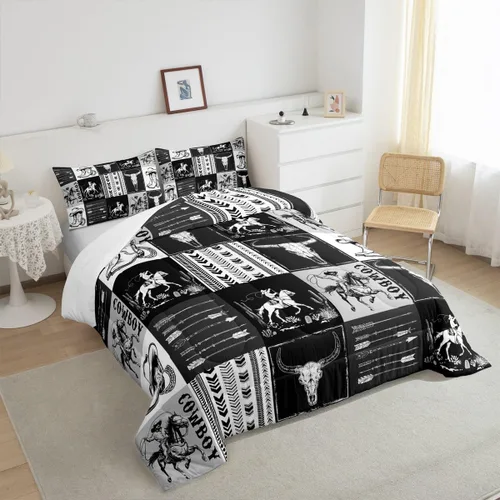 Vista 5 de Manfei Juego de edredón de vaquero occidental tamaño individual, juego de ropa de cama con estampado de calavera de toro, caballo y flecha, 2 piezas
