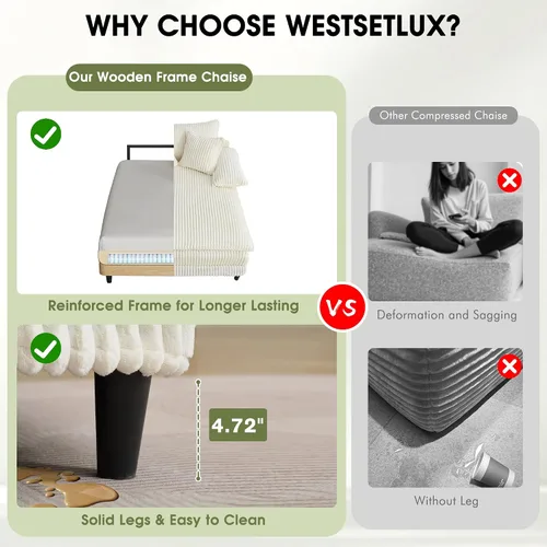 Vista 5 de WESTSETLUX Tumbona extragrande de 54.8 pulgadas de ancho para interiores con respaldo ajustable de 5 posiciones, sofá cama de pana con 3 almohadas