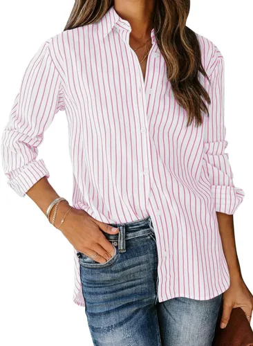 Vista 29 de Siliteelon - Camisas de botones para mujer, camisa de vestir a rayas de algodón, de manga larga, cuello con solapa, para oficina y trabajo