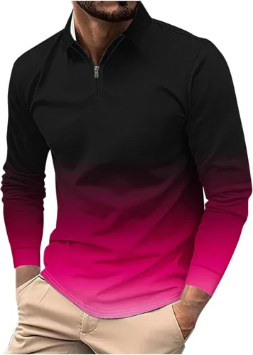 Vista 11 de Camisas para hombres de moda grande y alto de manga larga, color degradado, con cremallera de un cuarto, camiseta polo casual suelta deportiva