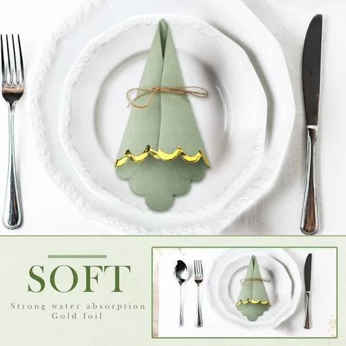 Vista 5 de Panelee Paquete de 100 servilletas de cóctel verde salvia con lámina dorada de 2 capas de postre plegadas de 5 x 5 pulgadas, servilletas desechables