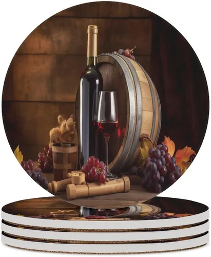 Vista 43 de 4 posavasos de vino tinto, cuadrados y modernos posavasos absorbentes de cerámica, estilo de pintura al óleo, vintage, vino tinto, uvas, rosa