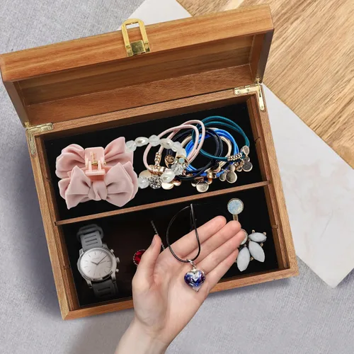 Vista 3 de Caja de recuerdo de madera de acacia con tapa con bisagras