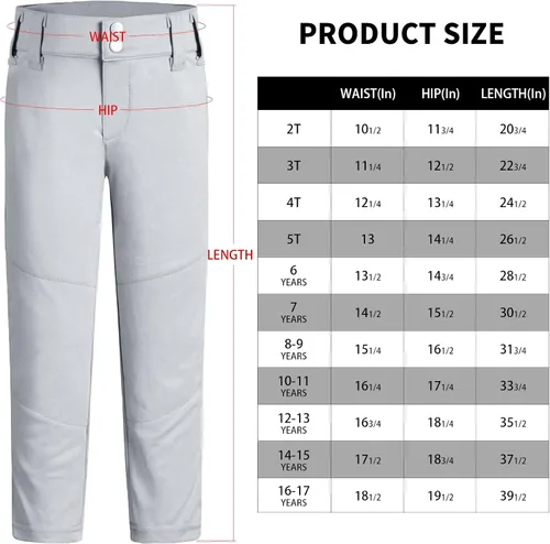 Vista 6 de QBK Pantalones de béisbol para niños y niñas de 2 a 17 años