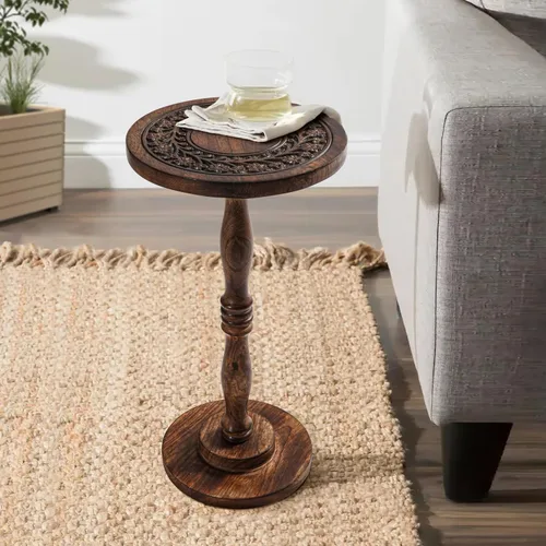 Vista 6 de Mesa auxiliar de madera rústica de 12 x 22 pulgadas, mesa auxiliar tallada a mano, mesa de noche con acabado quemado para dormitorio, mesa