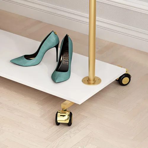 Vista 6 de Perchero de metal dorado con estante de madera, perchero resistente con ruedas para dormitorio, uso en boutiques minoristas (37.4 pulgadas de largo)
