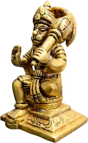 Vista 2 de Ídolo de Lord Hanuman de latón para templo del hogar de 3.25 pulgadas, postura sentada con Gada, murti religioso hecho a mano para habitación Pooja