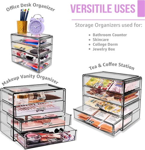Vista 6 de Sorbus Organizador de maquillaje – Organizador de maquillaje acrílico de 4 cajones y almacenamiento para cosméticos, joyas, suministros de belleza
