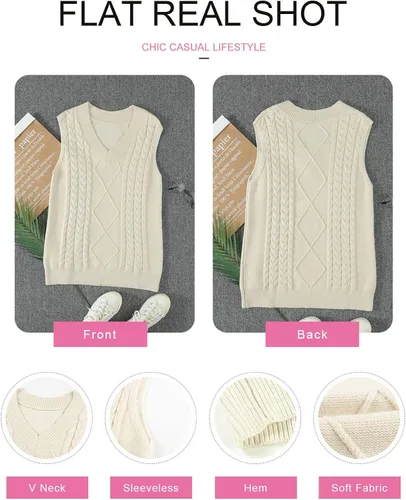 Vista 5 de EVALESS - Chaleco de gran tamaño para mujer, cuello en V, sin mangas, color sólido, suéter suelto