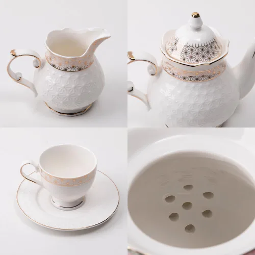 Vista 6 de Sweejar Juego de té de porcelana de 21 piezas, tetera vintage con ribetes dorados, juego de taza y platillo, taza de té para té suelto, azucarero