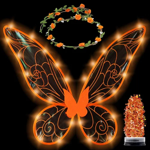 Vista 8 de Disfraz de hada Funcredible para mujeres y niñas - Alas de hada con luz y corona de flores, brillo - Alas de mariposa Negro