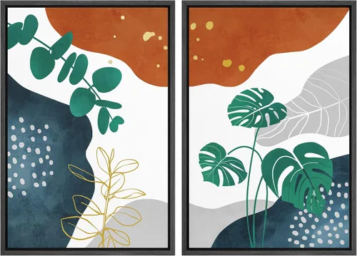 Vista 50 de SIGNFORD Lienzo enmarcado para pared, juego de arte geométrico retro de mediados de siglo, plantas forestales, ilustraciones con formas abstractas