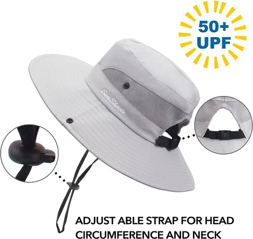 Vista 4 de Sombrero de sol para mujer con protección UV, malla plegable, ala ancha, sombrero de pesca para playa