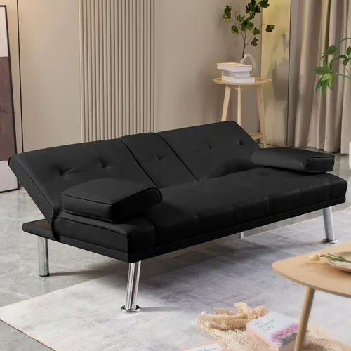 Vista 5 de Anwick Sofá futón de cuero moderno, sofá cama plegable convertible reclinable para espacios pequeños, apartamento, oficina, dormitorio, con Negro