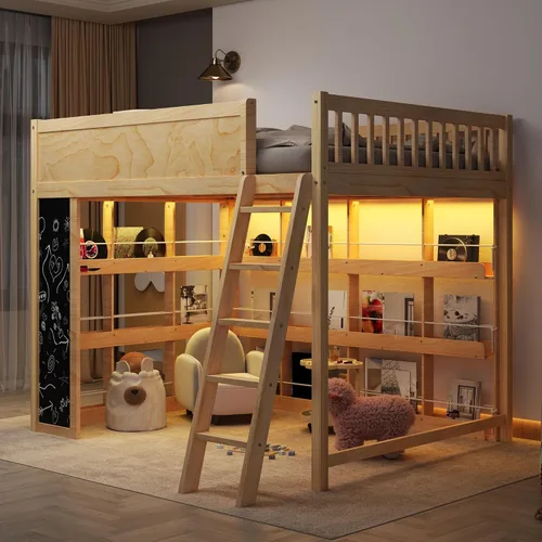 Vista 9 de SOFTSEA Twin Size Loft Bed with LED Lights & Storage Shelves, Antique White