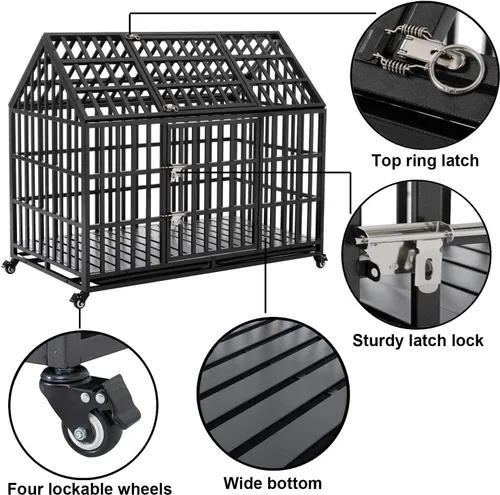 Vista 3 de Jaula extragrande para perros, jaula de hierro galvanizado resistente de 55 pulgadas, muebles con puerta delantera, puerta superior y 4 ruedas