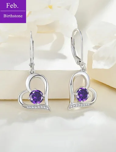 Vista 4 de Pendientes de corazón para mujer, plata de ley 925, aretes colgantes con forma de corazón y piedra natal redonda